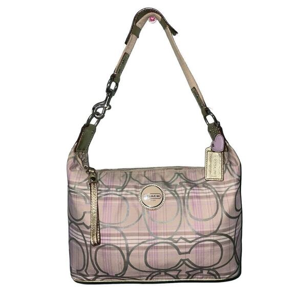 Coach Signature Monogram Nylon Stripe Plaid Hobo Bag F17209 - Picture 1 of 15